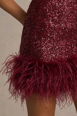 Rosalinda | Burgundy Sequin Square-Neck Mini Dress With Feather Trim