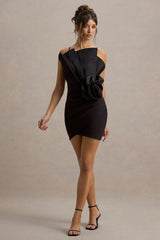 Olivette | Black Ruffled Mini Dress With Corsage Detail