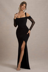 Milana | Black Square-Neck Draped Wrap Maxi Dress With Long Sleeves