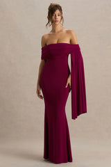 Saffina | Burgundy Bardot-Neck Maxi Dress With Sash Detail