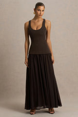 Kelly | Brown Scoop-Neck Maxi Dress With Pleated Mesh Skirt