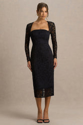 Alissa | Black Lace Square-Neck Midi Dress