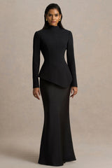 Pepita | Black High-Neck Tailored Maxi Dress With Drop-Waist And Satin Skirt