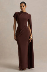 Tropic | Brown High-Neck Maxi With Long Cape Sleeve