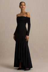 Everlasting | Black Bardot-Neck Maxi Dress With Pleated Detailing