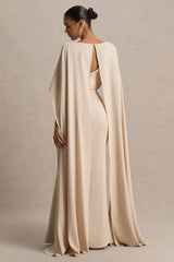 Pristina | Sand Boat-Neck Woven Maxi Dress With Cape Detail