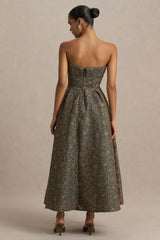 Loretta | Dark Green And Rust Embroidered Bandeau Midi Dress