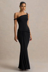 Tulisa | Black Asymmetric-Neck Maxi Dress With Twist Sleeves And Ruched Detailing