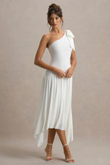 Lotus Love | White One-Shoulder Hanky-Hem Maxi Dress With Bow