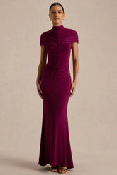 Azaria | Burgundy High-Neck Maxi Dress With Ruched Detailing