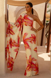 Portia | Lemon Lily Print Asymmetric Maxi Dress With Ruched Detail