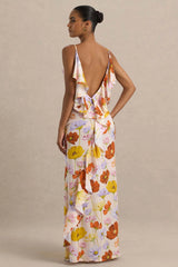 Thames | Bright Floral Print Satin Cowl-Neck Maxi Dress