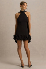 Geneve | Black Halter-Neck Mini Dress With Ruffled Trim