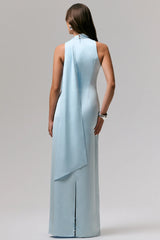 True Icon | Powder Blue Satin V-Neck Maxi Slip Dress With Sash