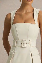 Sandra | Nude Square-Neck Tailored Maxi Dress With Front-High Split