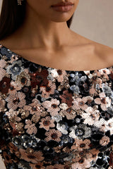 Electric | Black Velvet & Embellished Sequin Floral Asymmetric-Neck Maxi Dress