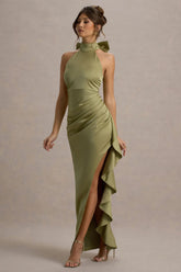Maureen | Light Green Satin High-Neck Draped Maxi Dress