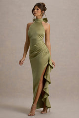 Maureen | Light Green Satin High-Neck Draped Maxi Dress