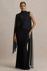 Amour | Black High-Neck Maxi Dress With Cape Sleeve Detail