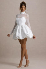 Tinkerbell | White Satin Long-Sleeve Puffball Mini Dress