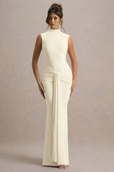 Graziana | Pale Lemon High-Neck Gathered Draped Maxi Dress