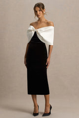 Twilight | Black And White Velvet Bardot-Neck Midi Dress With Oversized Satin Bow