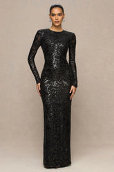 Stellar | Black Embellished Lace High-Neck Maxi Dress With Long Sleeves