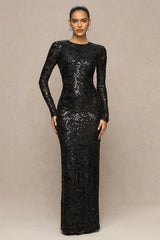 Stellar | Black Embellished Lace High-Neck Maxi Dress With Long Sleeves