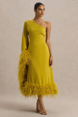 Destiny | Yellow Satin Asymmetric-Neck Midi Dress With Feather Details