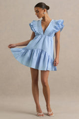 Judie | Blue Poplin V-Neck Ruffled Mini Dress