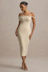 Skye | Sand Twisted Bardot Midi Dress
