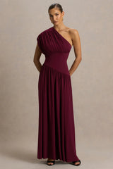 Kelsey | Burgundy Asymmetric-Neck Maxi Dress With Ruched Detailing