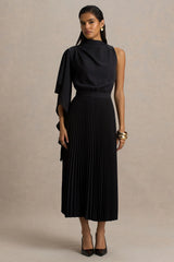 Jimena | Black High-Neck Midi Dress With One-Long Sleeve And Pleated Detailing