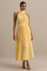 Tulip | Lemon Pleated High-Neck Midi Dress