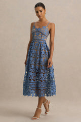 Zuri | Blue Lace Sweetheart Midi Dress With Cami Straps