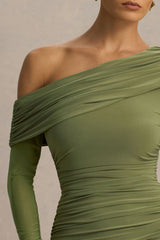 Gina | Olive Asymmetric-Neck Ruched Mini Dress