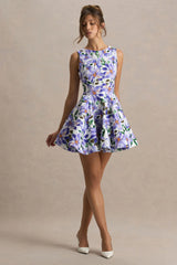 Gabrielle | Purple Lily Print Boat-Neck Skater Mini Dress