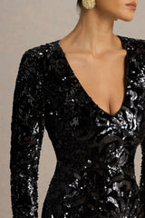 Ritz | Black Sequin Plunge-Neck Mini Dress With Long Sleeves