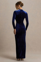 Wishes | Navy Velvet High-Neck Maxi Dress With Wrap Skirt