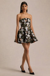 Sparky | Black And Bronze Floral Embellished Bandeau Mini Dress