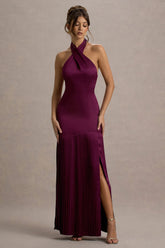 Sansa | Burgundy Satin Cross Halter-Neck Plisse Maxi Dress