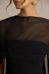 Chessa | Black Boat-Neck Maxi Dress With Sheer Cape