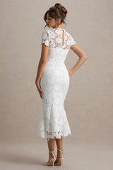 Clarissa | White Lace Short-Sleeve Pleated Midi Dress