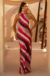 Melanie | Striped Halter-Neck Maxi Dress With Open Back