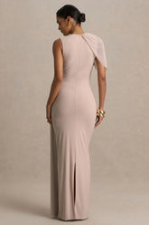 Brenda | Champagne Crew-Neck Maxi Dress With Mesh Cape And Sash