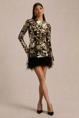 Lara | Black Velvet And Gold Embellished Sequin High-Neck Mini Dress With Feather Trim
