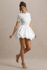 Taffy | White Lace Mini Dress With Satin Puffball Skirt