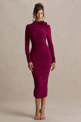 Tamara | Burgundy Long-Sleeve Ruched Midi Dress
