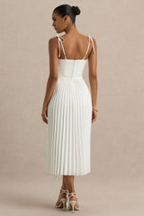 Agua | Cream Satin Sweetheart Midi Dress With Pleated Skirt