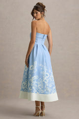 Annalise | Light Blue Floral Print Bandeau Skater Midi Dress